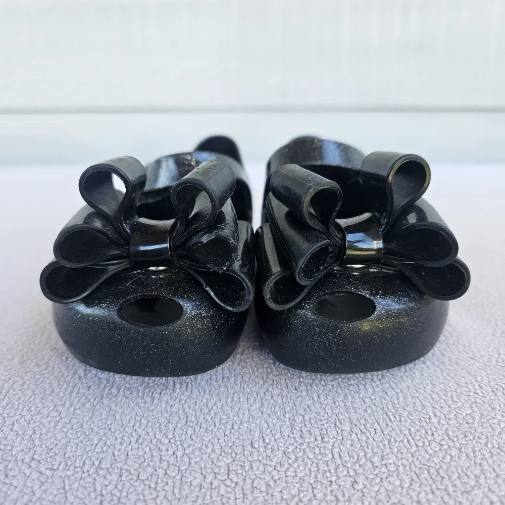 Mini Melissa Ultragirl Black Sparkle Bow Mary Jane Jelly Flats SZ 8 Hook & Loop